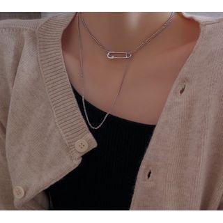 Safety Pin Layered Alloy Necklace Silver - One Size