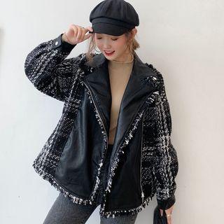 Tweed Panel Faux Leather Zip Jacket