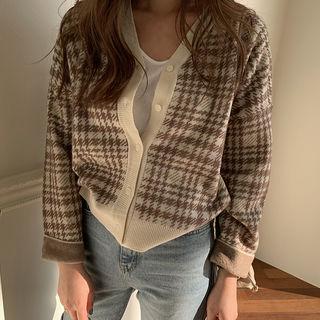 V-neck Plaid Knit Cardigan Mocha - One Size