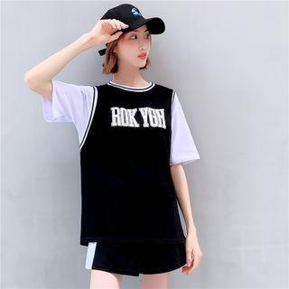 Set: Mock Two-piece Short-sleeve Lettering T-shirt + Shorts