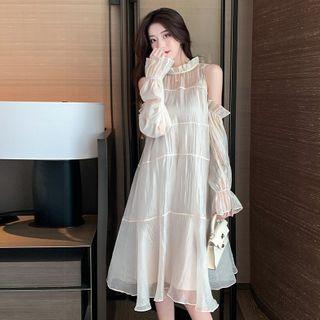 Long-sleeve Cold Shoulder Midi A-line Dress