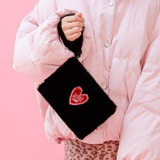 Heart Applique Plush Handbag Pink - One Size