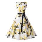 Lemon Print Sleeveless A-line Dress With Sash