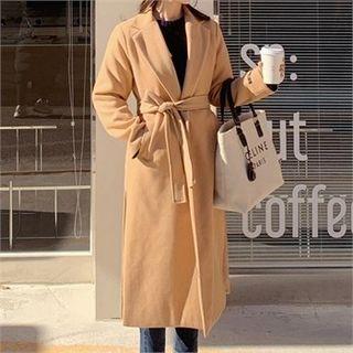 Notch-lapel Woolen Wrap Coat