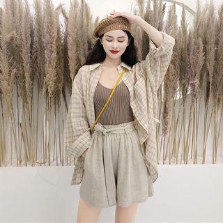 Plaid Shirt/ Ribbed Camisole Top/ Tie-waist Wide-leg Shorts