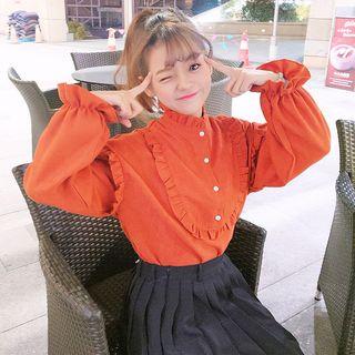 Long-sleeve Ruffled Velvet Shirt Tangerine Red - One Size