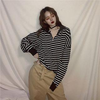 Mock Neck Long-sleeve Striped Zipped Tee Stripes - Black & White - One Size