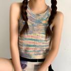 Halter-neck Color Block Knit Crop Tank Top Yellow & Pink & Blue - One Size