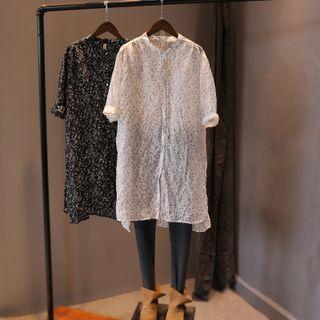 Elbow-sleeve Floral Print Midi Shirtdress