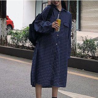 Plaid Shirt Dress Blue - One Size