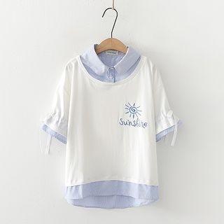 Mock Two-piece Sun Embroidered Bell-sleeve Shirt