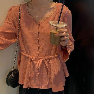 Bell-sleeve Drawstring Plaid Blouse