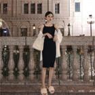 Wide Strap Ribbed Knit Sheath Dress Black - One Size
