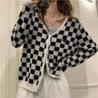 Long-sleeve V-neck Chessboard Lattice Knit Sweater Cardigan