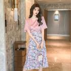 Short-sleeve Satin T-shirt / Floral A-line Midi Skirt