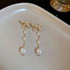 Bow Rhinestone Faux Pearl Alloy Dangle Earring 1 Pair - Silver Needle Earring - Tassel & Faux Pearl - Gold & White - One Size