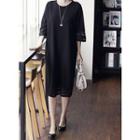 Elbow-sleeve Round-neck Perforated-detail A-line Dress