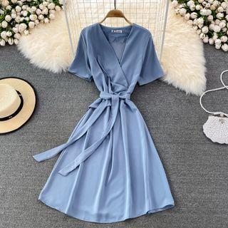 Short Sleeve V-neck Dress With Sash