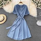 Short Sleeve V-neck Dress With Sash