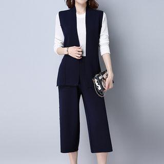 Set: Open Front Knit Vest + Cropped Wide Leg Pants