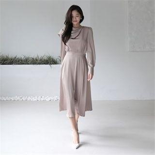 Scarf-neck Flared Long Satin Dress