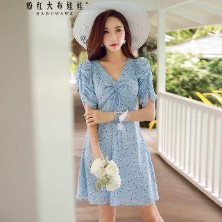 Short-sleeve Floral Ruched Dress
