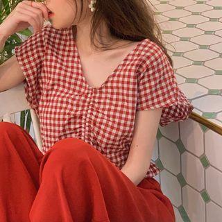 Gingham Sleeveless Shirred Cropped Top / Wide Leg Pants