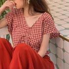 Gingham Sleeveless Shirred Cropped Top / Wide Leg Pants