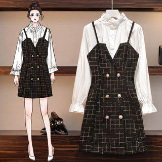 Set: Long-sleeve Shirt + Spaghetti Strap Plaid Mini A-line Dress