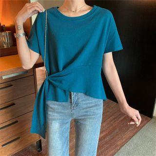 Short-sleeve Plain Asymmetric T-shirt