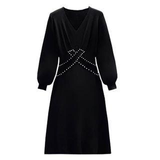 Bishop-sleeve V-neck Embellished Midi A-line Dress