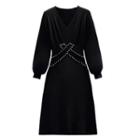 Bishop-sleeve V-neck Embellished Midi A-line Dress
