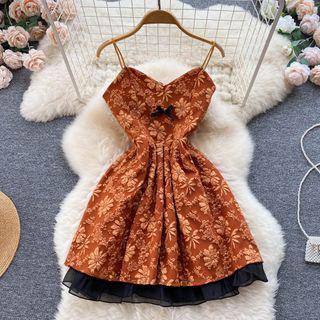 Suspender V-neck Embroidered Panel Mesh A-line Dress