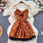 Suspender V-neck Embroidered Panel Mesh A-line Dress