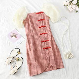 Patchwork Frog-button Mini Dress