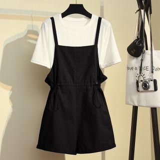 Set: Short-sleeve T-shirt + Spaghetti Strap Drawcord-waist Playsuit
