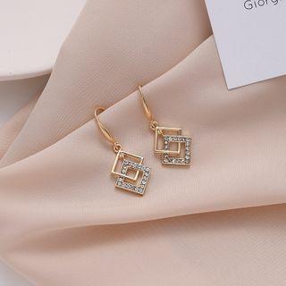 Rhinestone Square Dangle Earring 1 Pair - Hook Earring - Silver Rhinestone - Gold - One Size