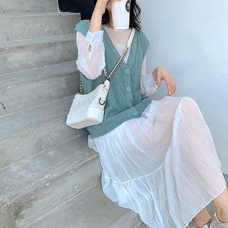 Plain Long-sleeve Midi Dress / V-neck Knit Vest