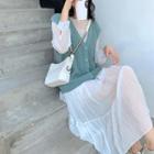 Plain Long-sleeve Midi Dress / V-neck Knit Vest