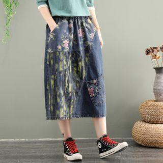 Floral Print Midi A-line Denim Skirt Blue - One Size