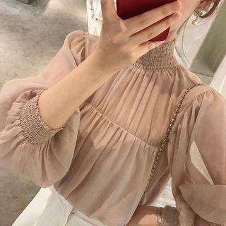 Puff-sleeve Smocked Neck Chiffon Blouse