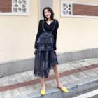 Plain V-neck Long-sleeve Knit Top / Chiffon Jumper Dress