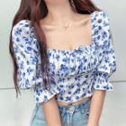 Puff-sleeve Square-neck Floral Ruched Cropped T-shirt