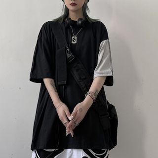 Asymmetric Elbow-sleeve Color-block T-shirt