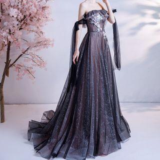 Off-shoulder Floral Print A-line Evening Gown