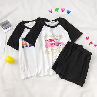 Short-sleeve Color Block Print T-shirt + High-waist Shorts