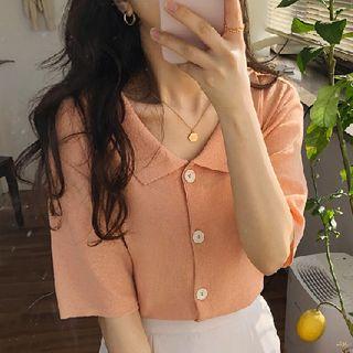 Knit Elbow-sleeve Buttoned Polo Shirt
