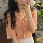 Knit Elbow-sleeve Buttoned Polo Shirt