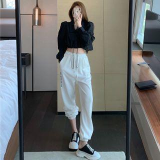 Puff-sleeve Drawstring Crop Shirt / High-waist Lettering Jogger Pants
