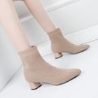 Pointed Block-heel Knit Ankle Boots